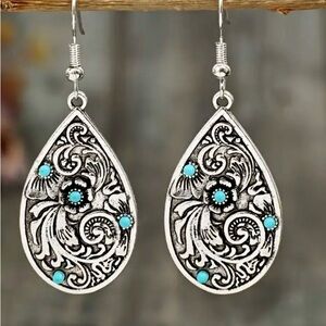 Carved Spiral Flower Pattern Turquoise Inlaid Earrings